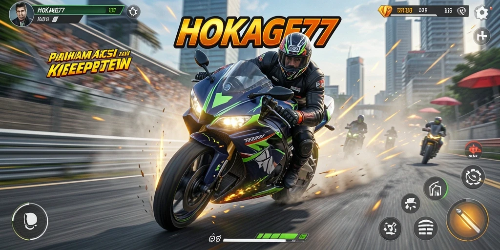 Tampilan gameplay HOKAGE77 dengan balapan motor yang cepat dan mendebarkan.
