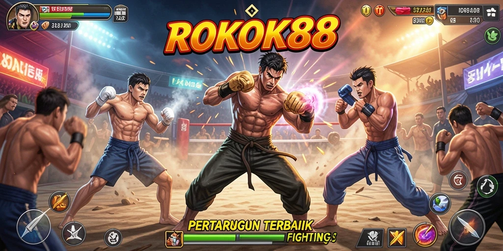 Tampilan gameplay ROKOK88 dengan pertarungan intens dan karakter menarik.