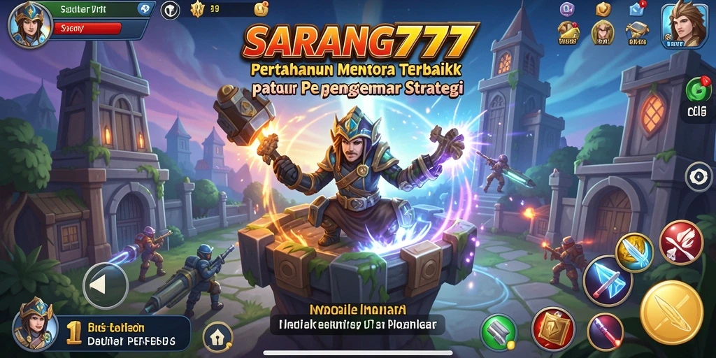 Tangkapan layar SARANG777 dengan tampilan menara pertahanan yang menawan.